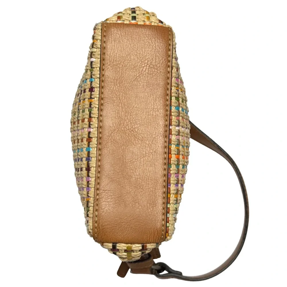Y2K Fossil Mini Shoulder Bag Woven Straw Rainbow Detail Brown Leather Whimsy
